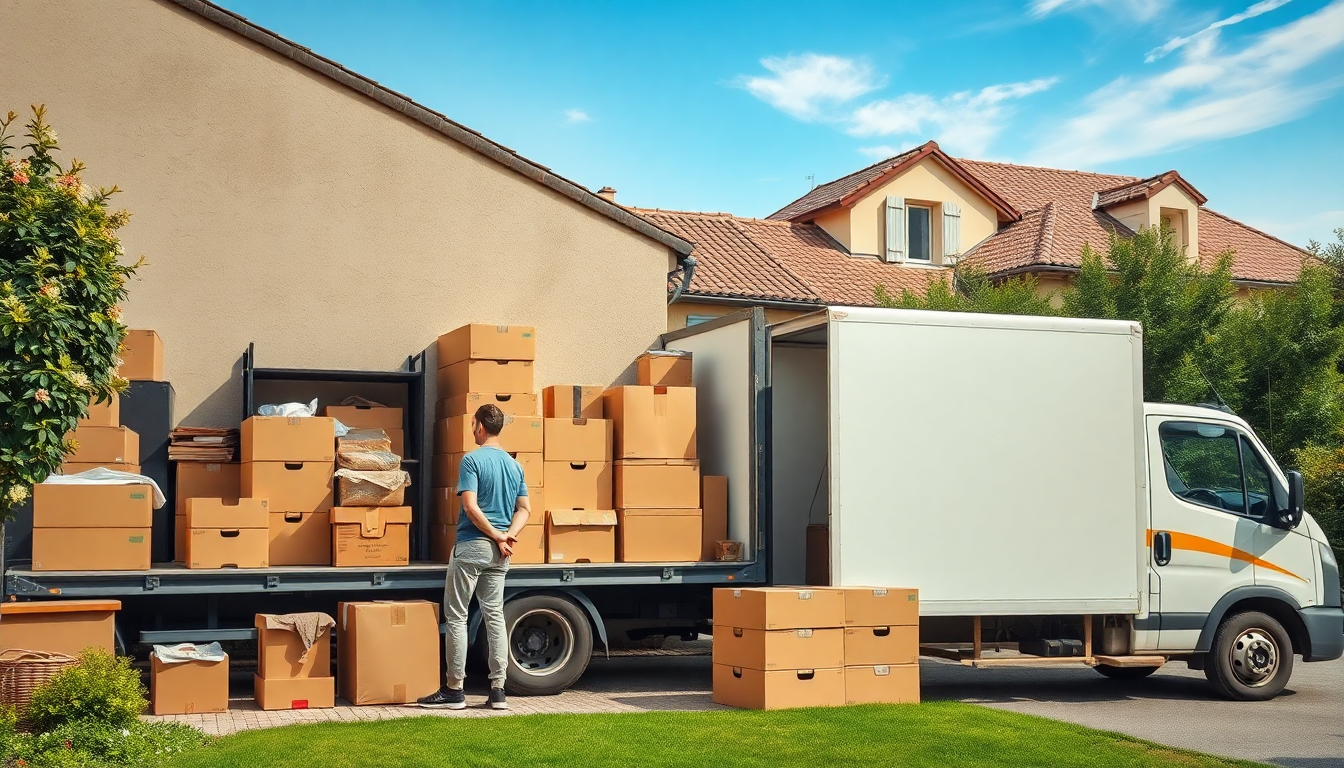 Meubles et cartons préparés pour un débarras devant un camion
