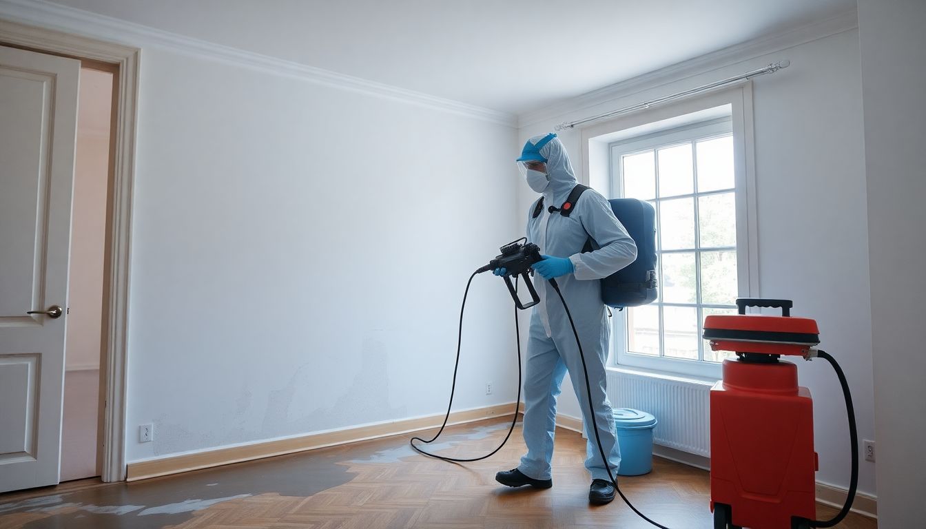 Technicien en combinaison désinfectant une pièce avec un pulvérisateur