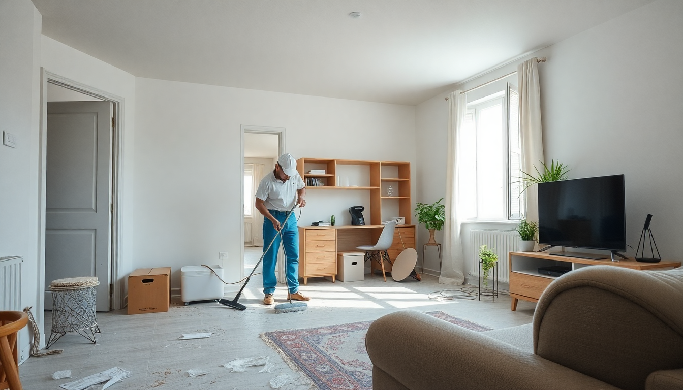 Professionnel nettoyant un logement après son débarras