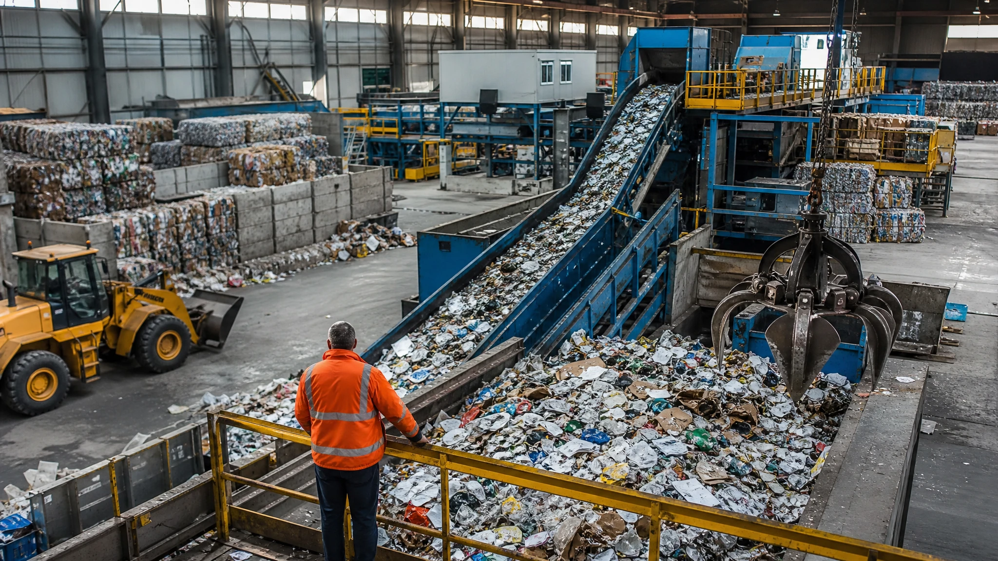 Centre de tri des déchets avec convoyeurs et engins de manutention