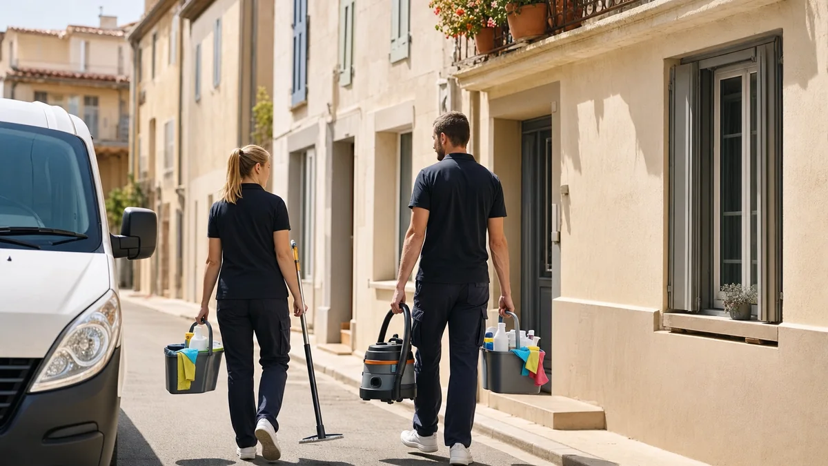 Deux professionnels du nettoyage avec leur matériel dans une rue de Narbonne
