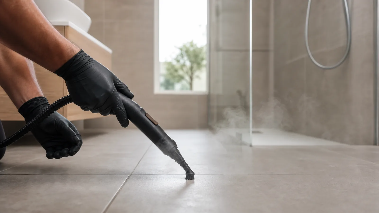 Technicien utilisant un nettoyeur vapeur sur un sol carrelé dans une salle de bain