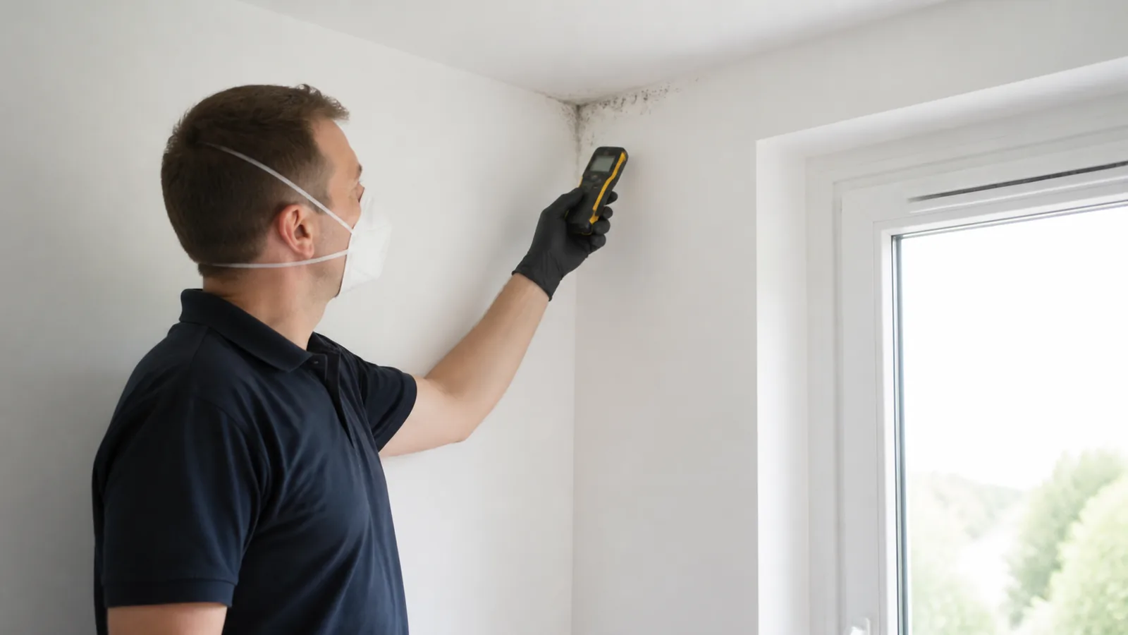 Technicien inspectant des moisissures dans l’angle d’un mur et d’un plafond